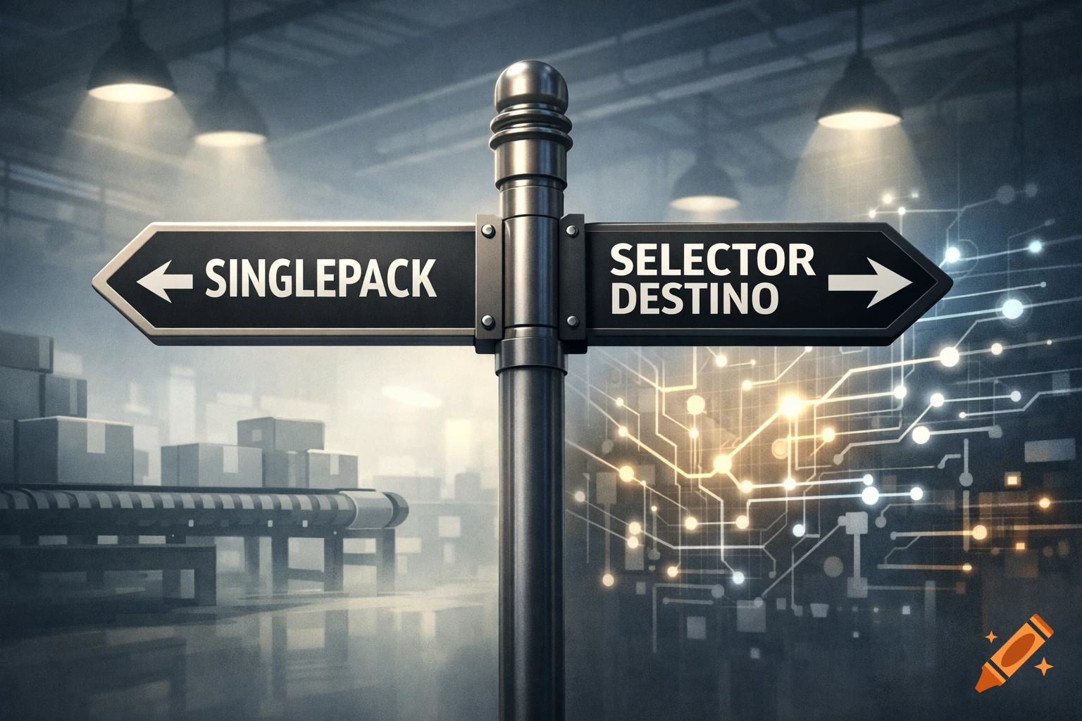 A signpost in an industrial setting, with 'SINGLEPACK' pointing left towards a factory, and 'SELECTOR DESTINO' pointing right towards glowing circuit patterns.