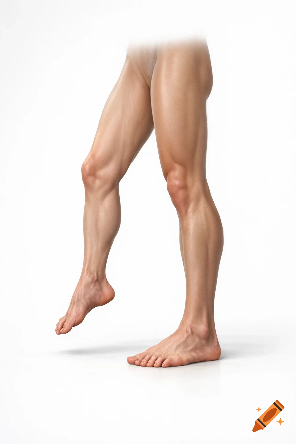 Detailed anatomical drawing of a person's muscular legs and bare feet against a white background.