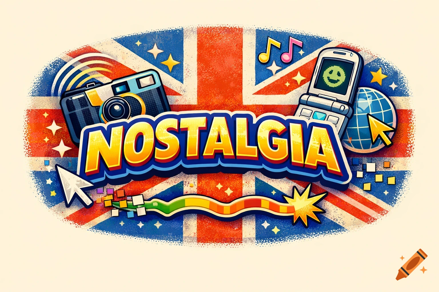 Vibrant 'NOSTALGIA' logo with retro tech, a camera, flip phone, and internet cursor on a distressed Union Jack flag.