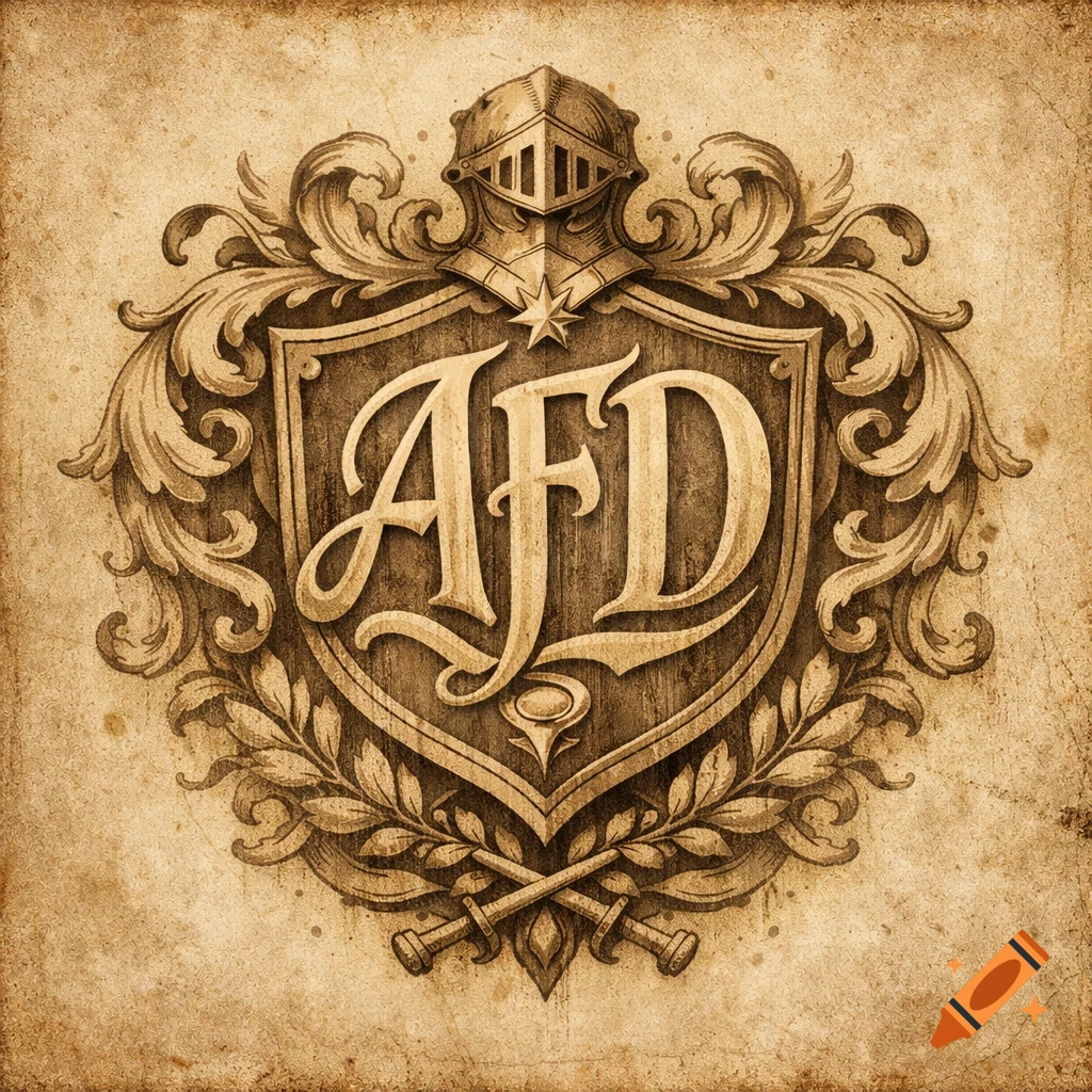 Antique heraldic crest with a knight's helmet, 'AFD' on a shield, ornate scrolls, and crossed maces on aged parchment.