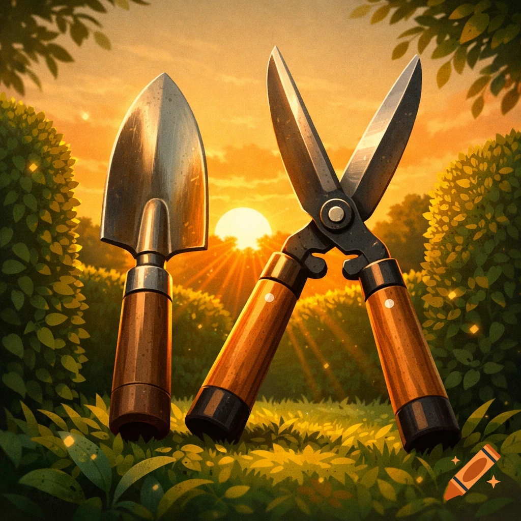 A stylized illustration of a garden trowel and hedge shears standing in lush green grass with a vibrant sunset in the background.