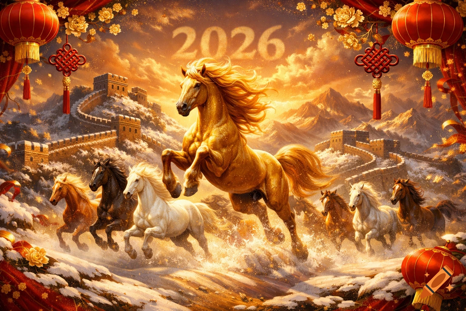 A golden horse rears, leading others over a snowy Great Wall under an orange sky with '2026', Chinese lanterns, and flowers.