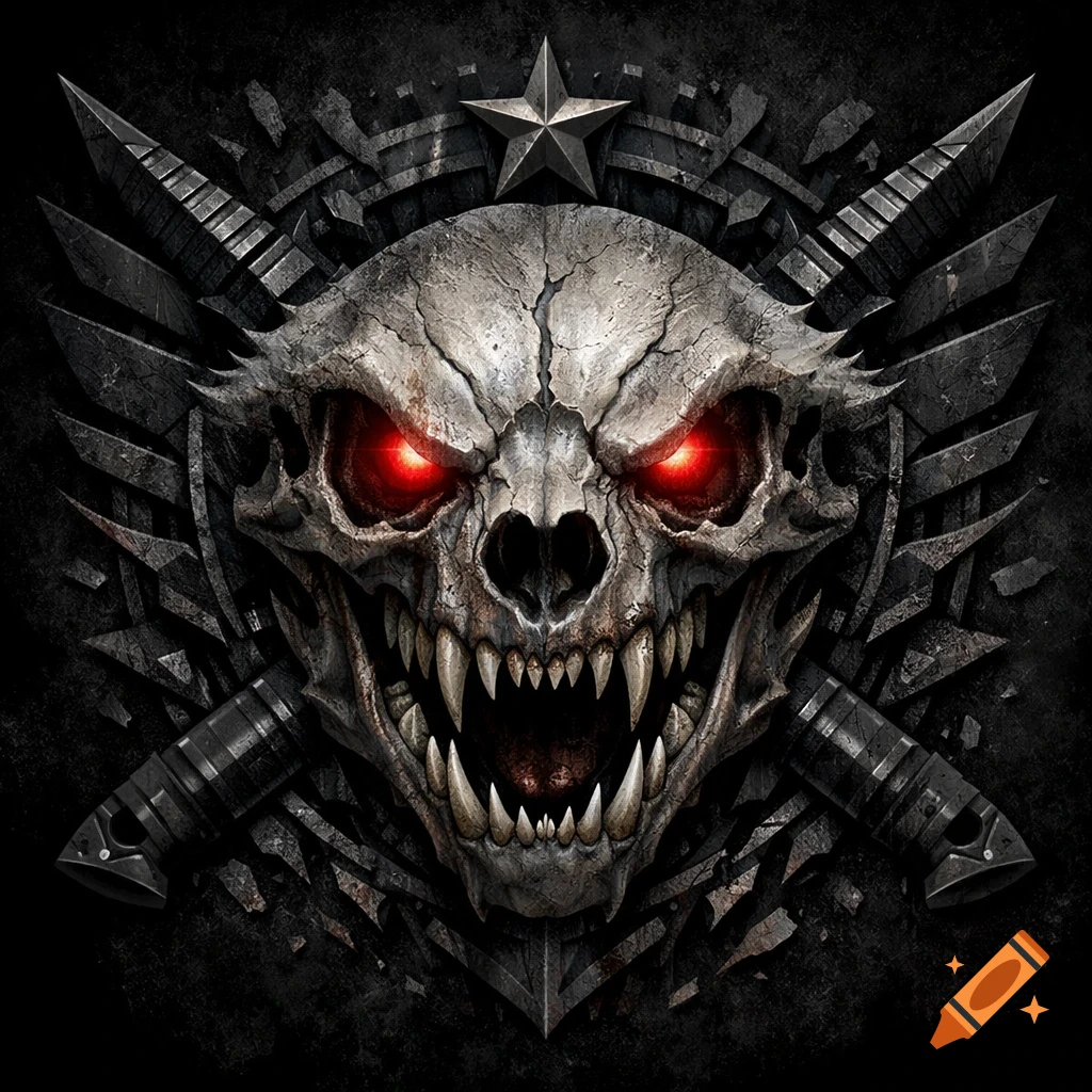Stylized aggressive skull with glowing red eyes and sharp teeth, surrounded by dark metallic spikes and a star, on a black background.