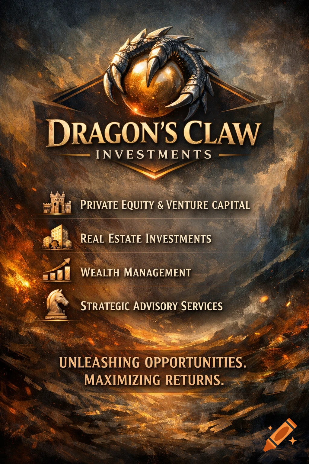 A stylized investment company advertisement featuring a dragon's claw gripping a glowing golden orb, with the text "Dragon's Claw Investments" and a list of financial services.
