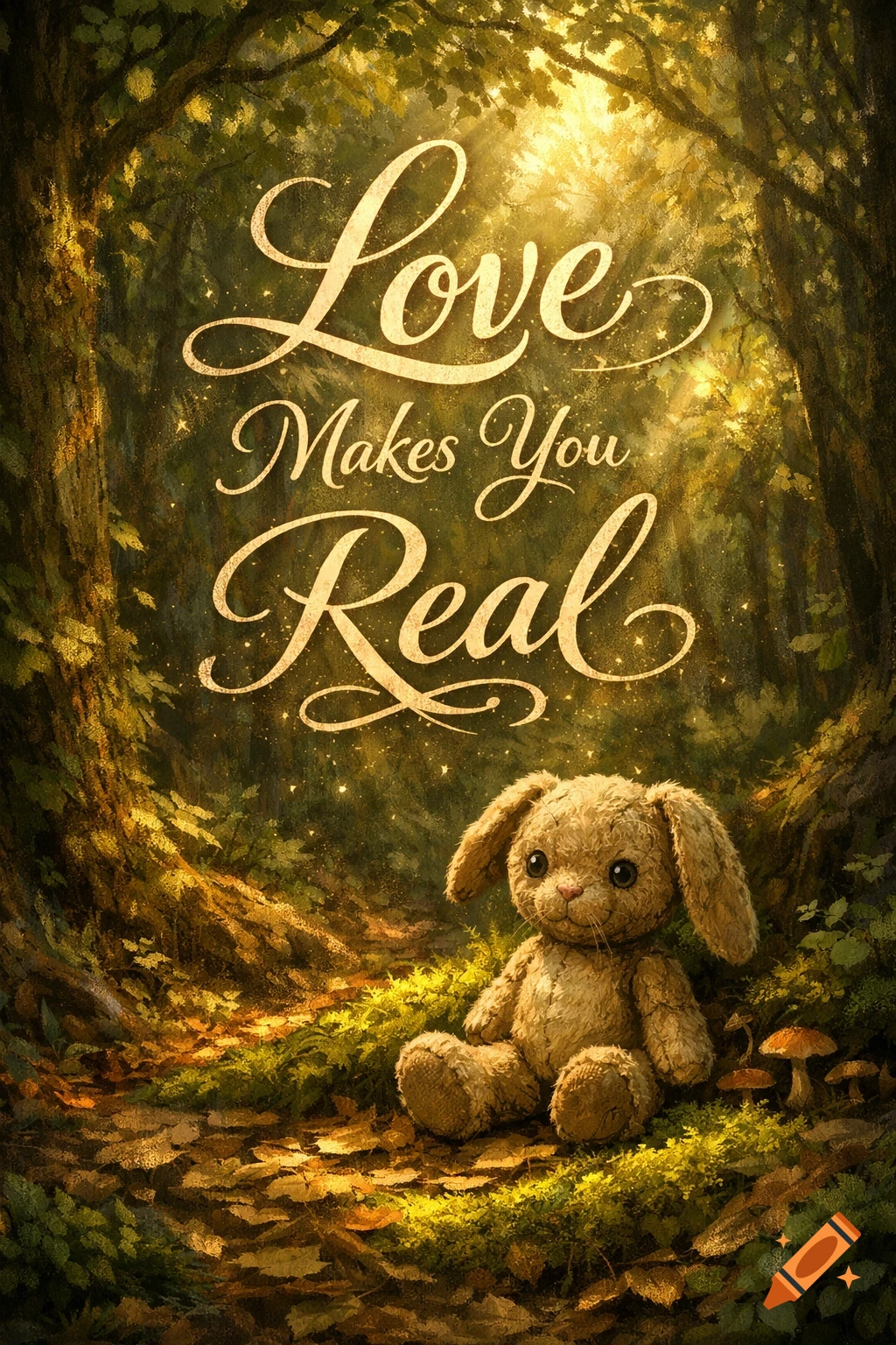 A stuffed bunny sits in a magical forest clearing with golden light, with the quote 'Love Makes You Real' in elegant script.