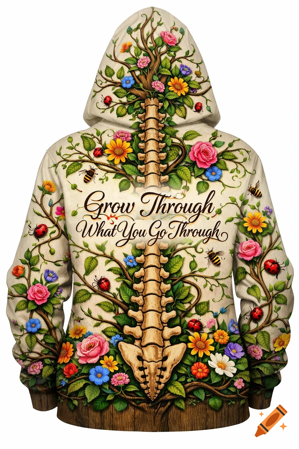 Hoodie with a tree-like spine, branches, colorful flowers, bees, and ladybugs, featuring 'Grow Through What You Go Through' text.