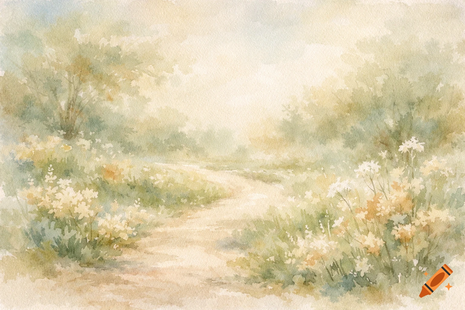 Soft watercolor painting of a peaceful garden path winding through light greenery and delicate flowers, bathed in gentle sunlight.