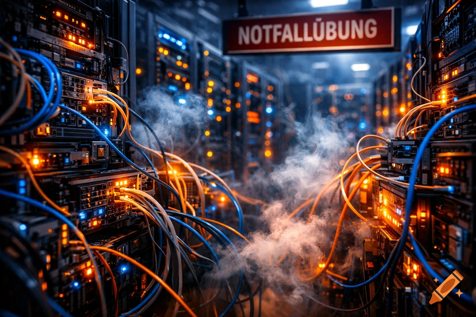 Photorealistic server room with glowing racks, tangled blue and orange cables, smoke, and an 'Emergency Drill' sign.