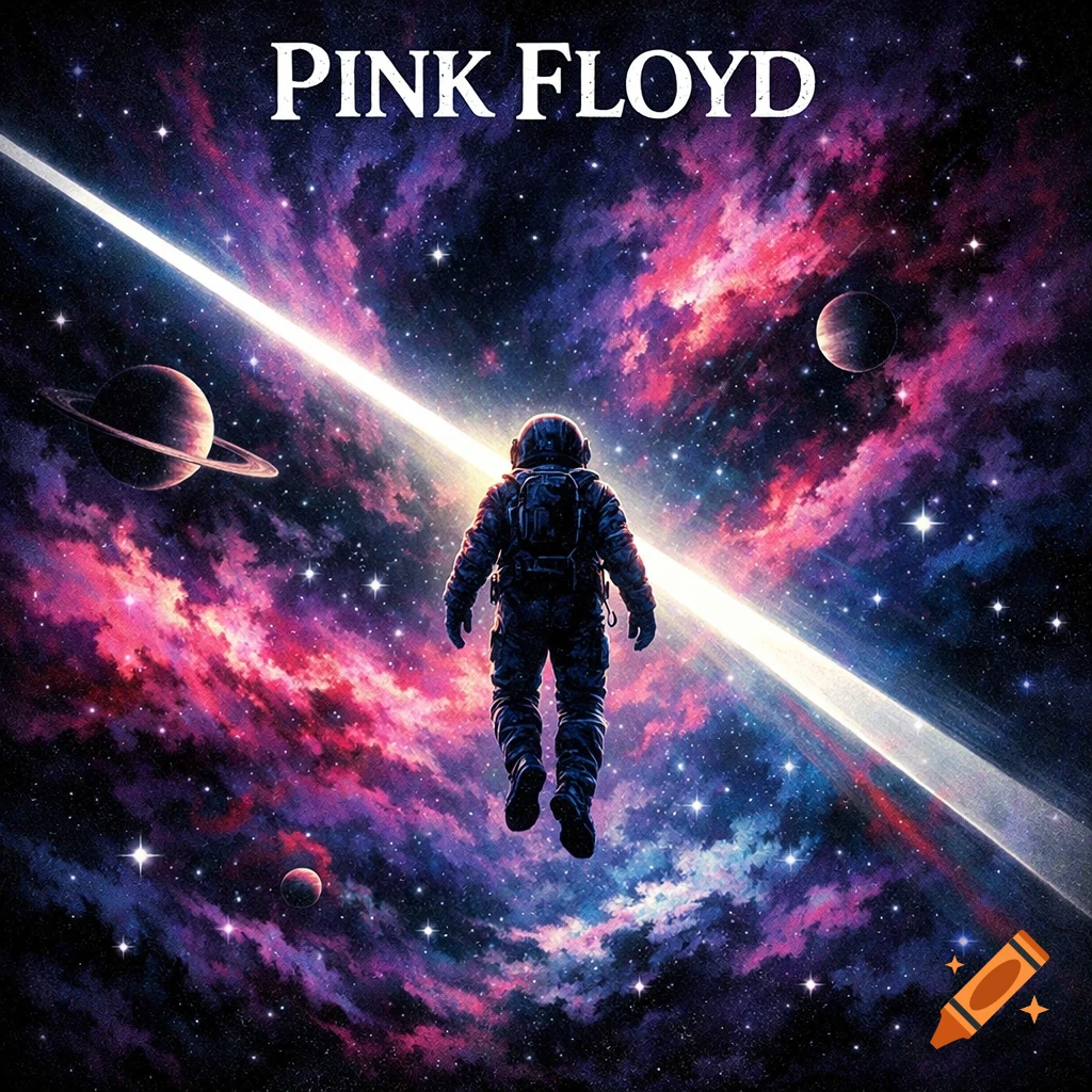 An astronaut floats in a vibrant cosmic nebula with planets and a bright beam of light, with the text 'PINK FLOYD' at the top.