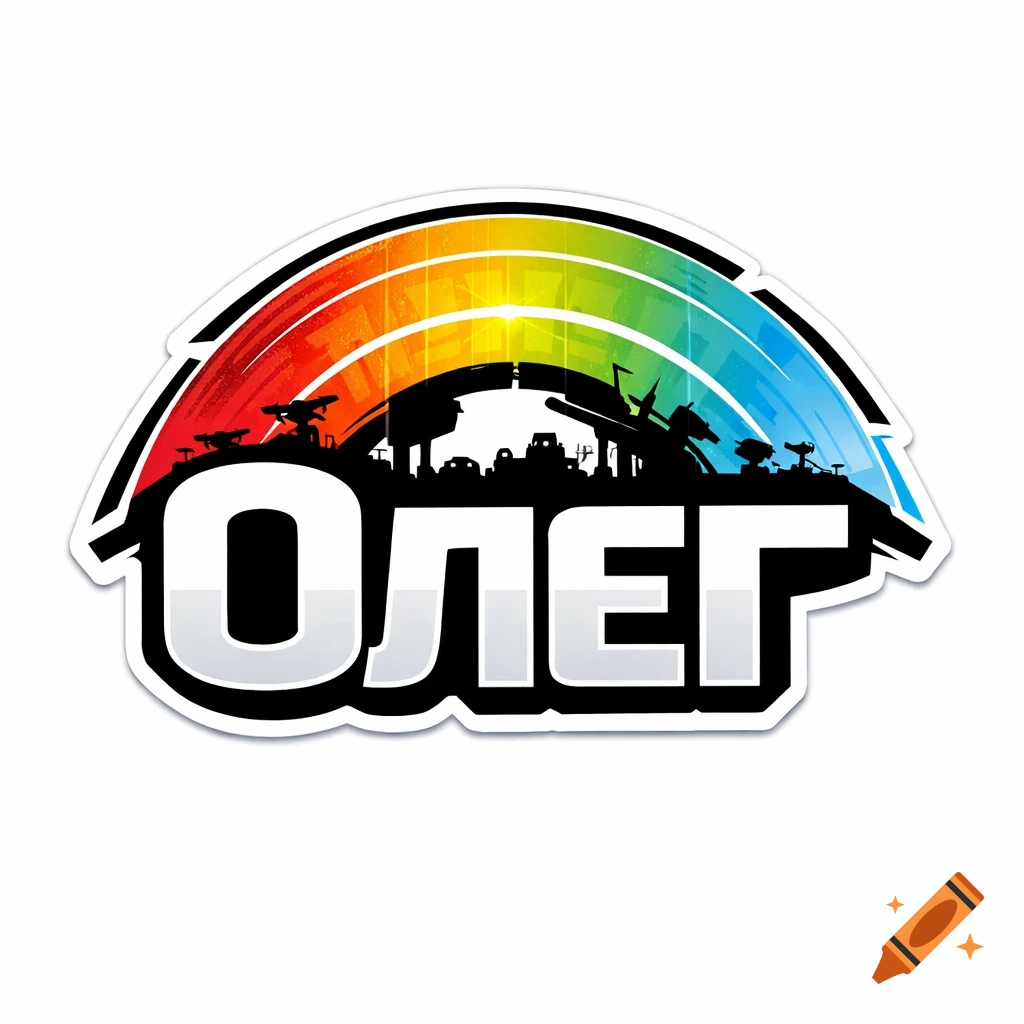 Sticker with white and black text '"">ОЛЕГ""' over a colorful rainbow arc and black futuristic cityscape silhouette.