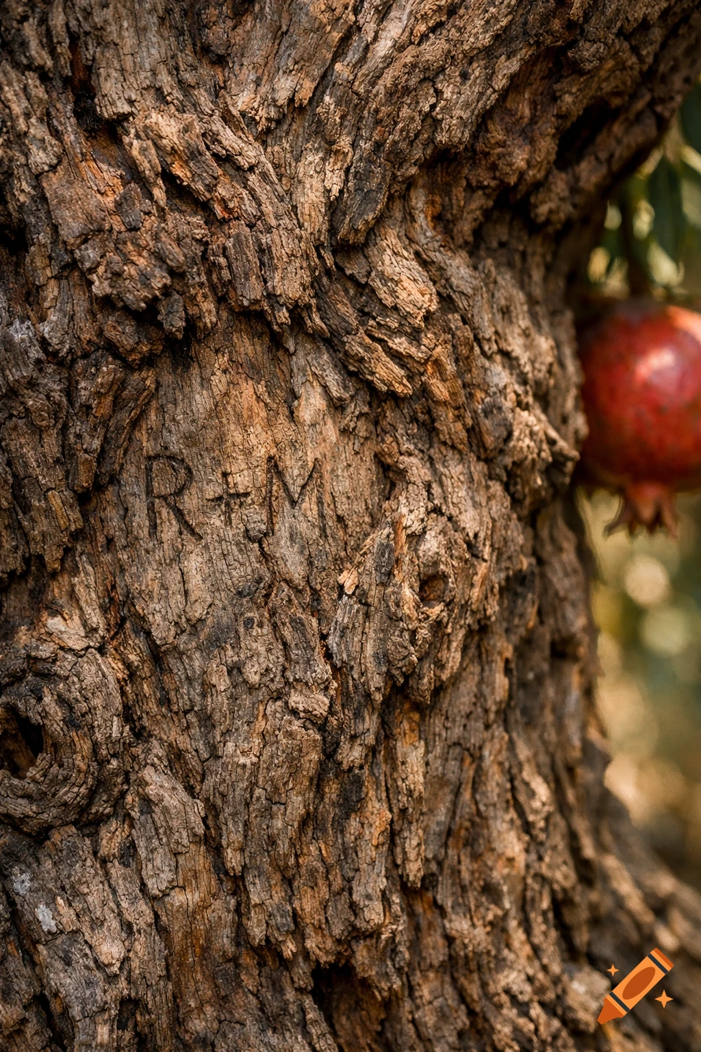 A close-up of a tree trunk with carved "R+M" initials, and a red pomegranate fruit blurred in the background.