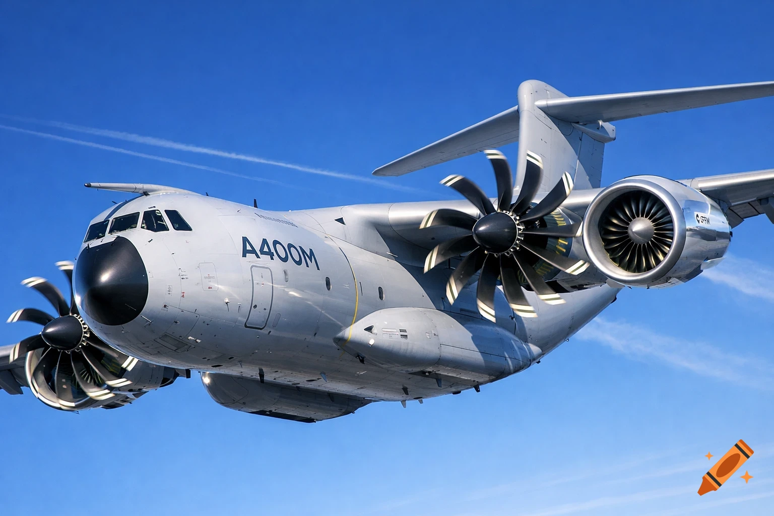 Grey Airbus A400M military transport aircraft with turboprop and CFM RISE open rotor engines flying in a clear blue sky.