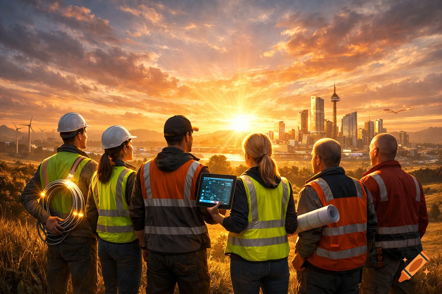 A diverse team of professionals in safety gear stands on a hill, overlooking a modern smart city and wind turbines at a golden sunset, symbolizing a new beginning.