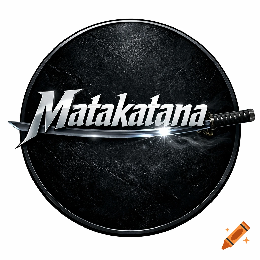 A circular black logo with a metallic texture, featuring the silver word 'Matakatana' crossed by a shiny katana blade.