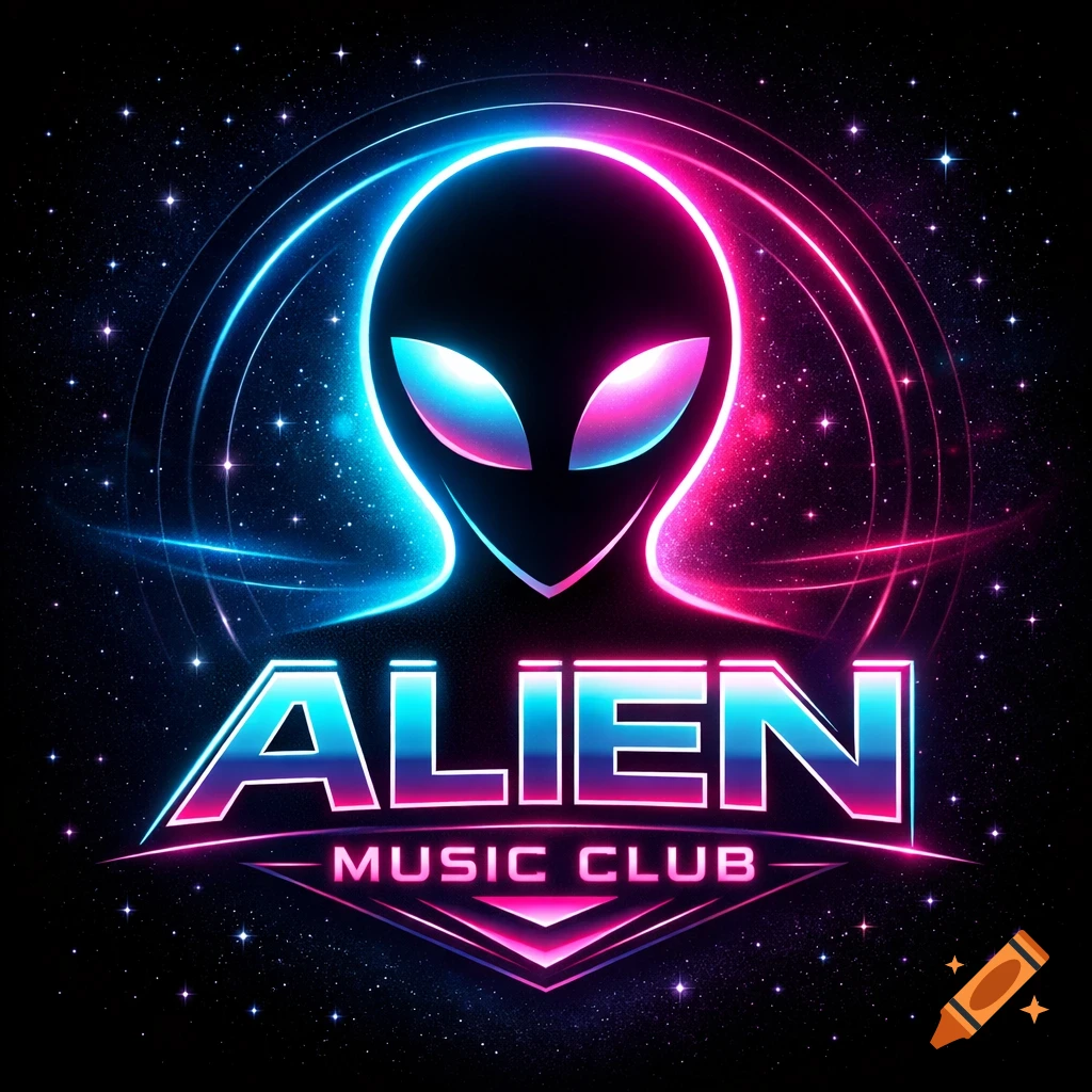 Neon alien head logo with 'ALIEN MUSIC CLUB' text against a starry space background.