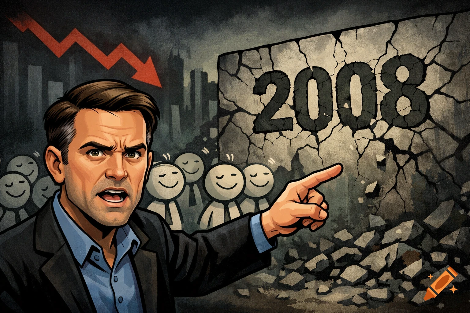 Cartoon of a serious man pointing at a cracked wall with '2008', stick figures and a red downward arrow in an ominous financial setting.