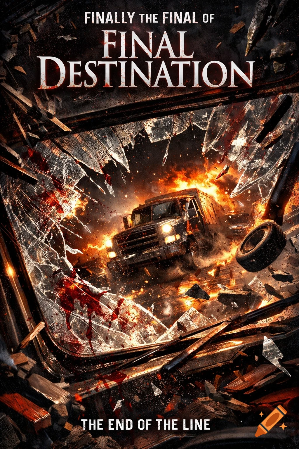 A dark, stylized movie poster for 'Final Destination' features a truck bursting through shattered glass with fire and debris, surrounded by blood splatters.