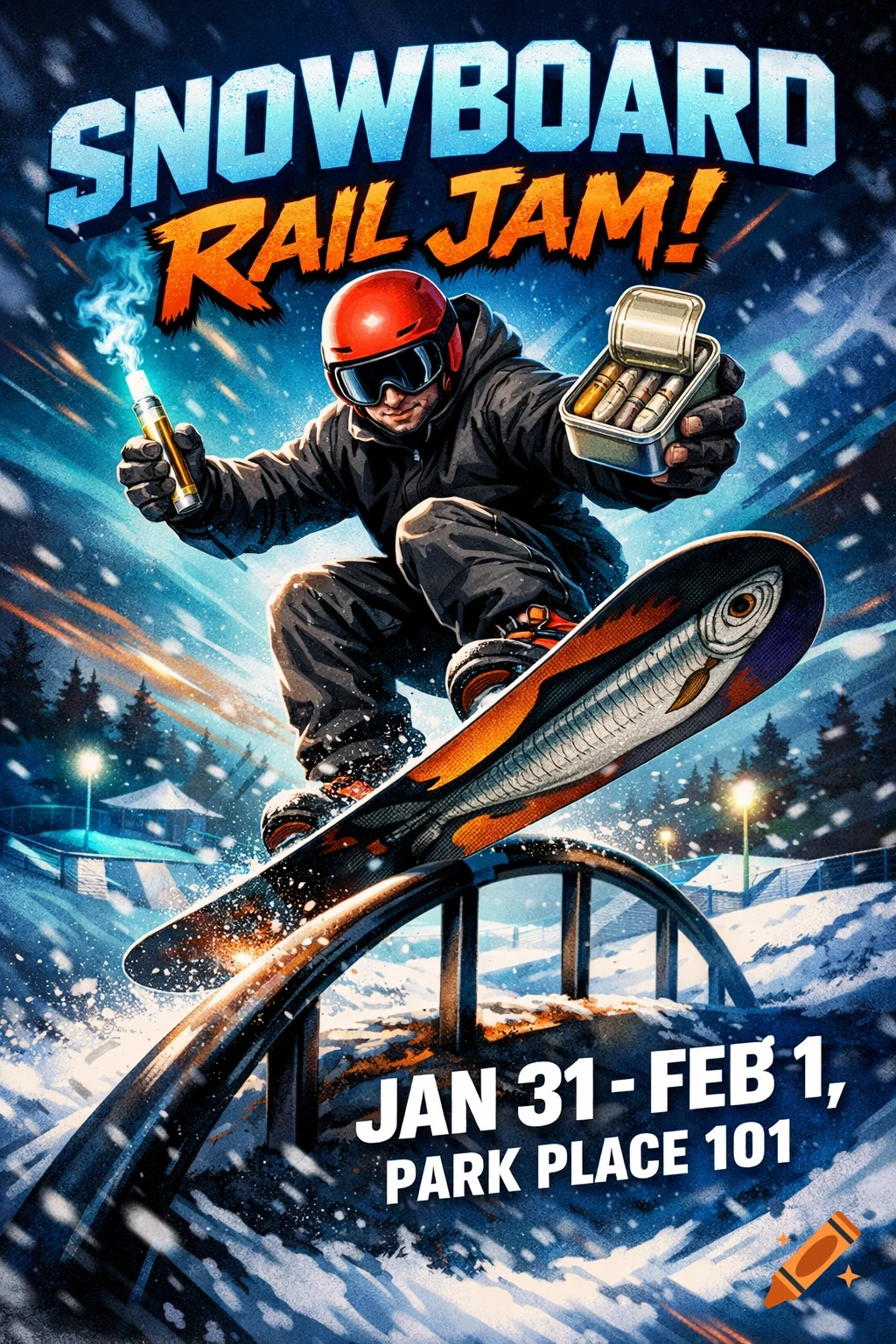A snowboarder in a red helmet grinds a rail, holding a glowing vape pen and a tin of sardines with bullets. A sardine is on the board. Text reads "SNOWBOARD RAIL JAM!" and event details.