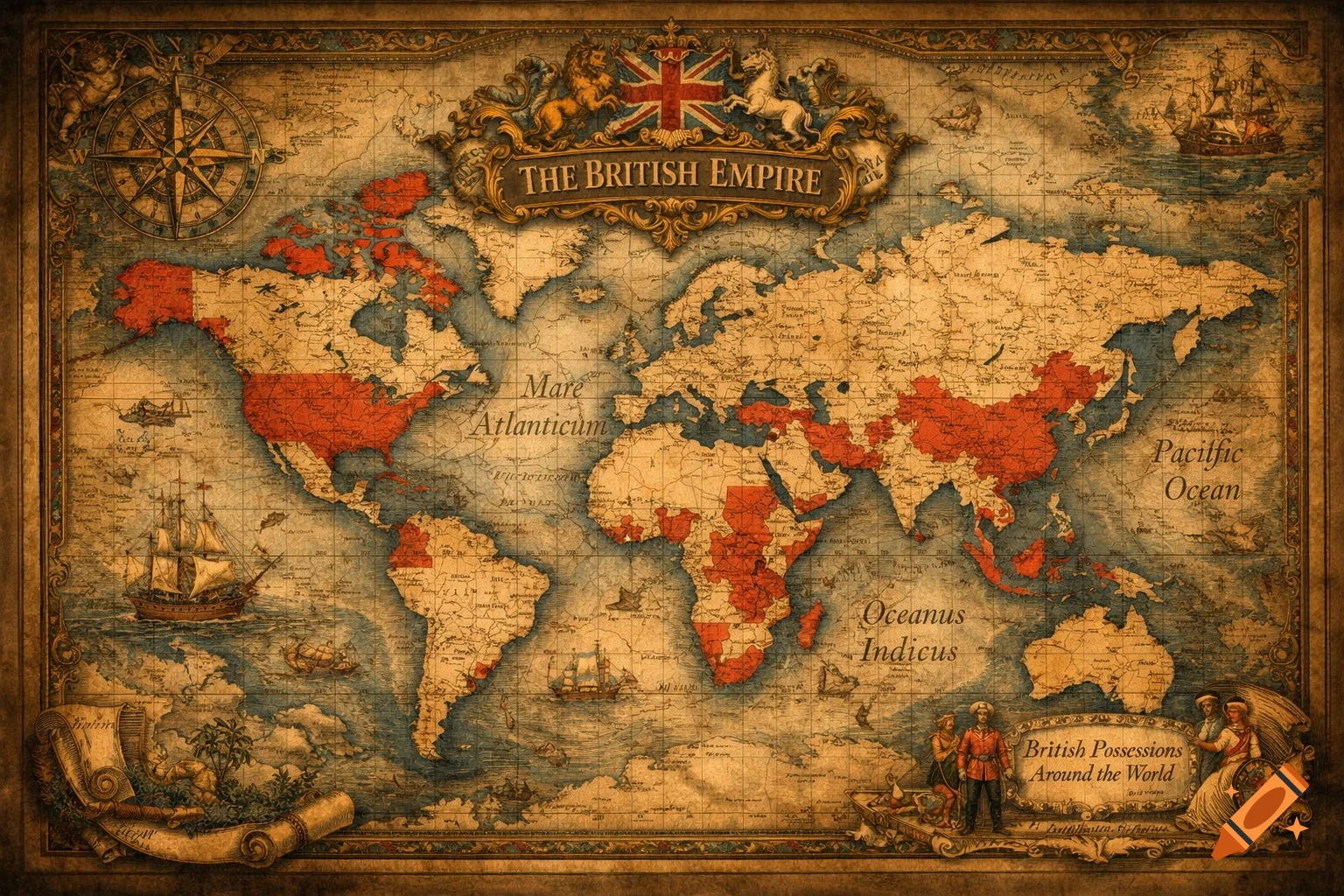 A vintage-style world map of the British Empire at its peak, highlighting red territories, with ornate borders and old ships.