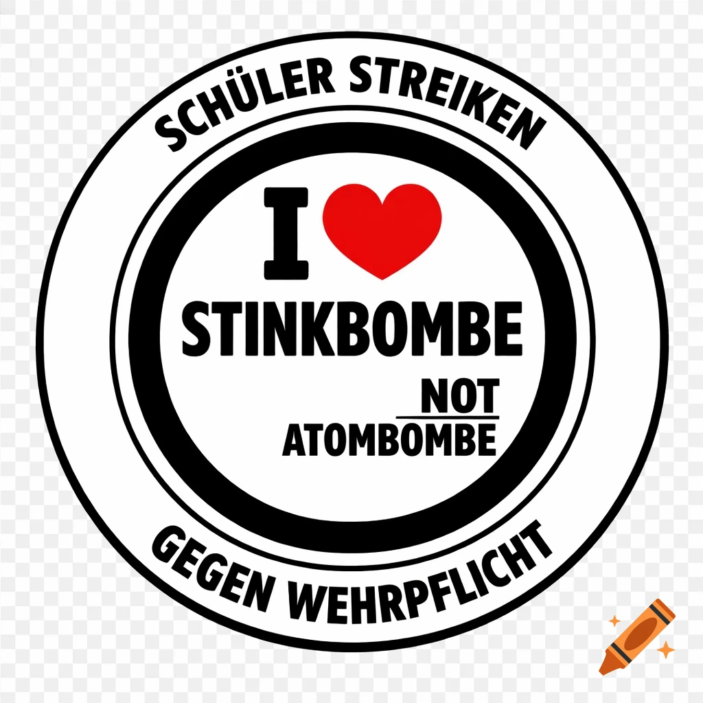 A black and white protest sticker with a red heart, reading 'SCHÜLER STREIKEN', 'I ♥ STINKBOMBE NOT ATOMBOMBE', and 'GEGEN WEHRPFLICHT'.