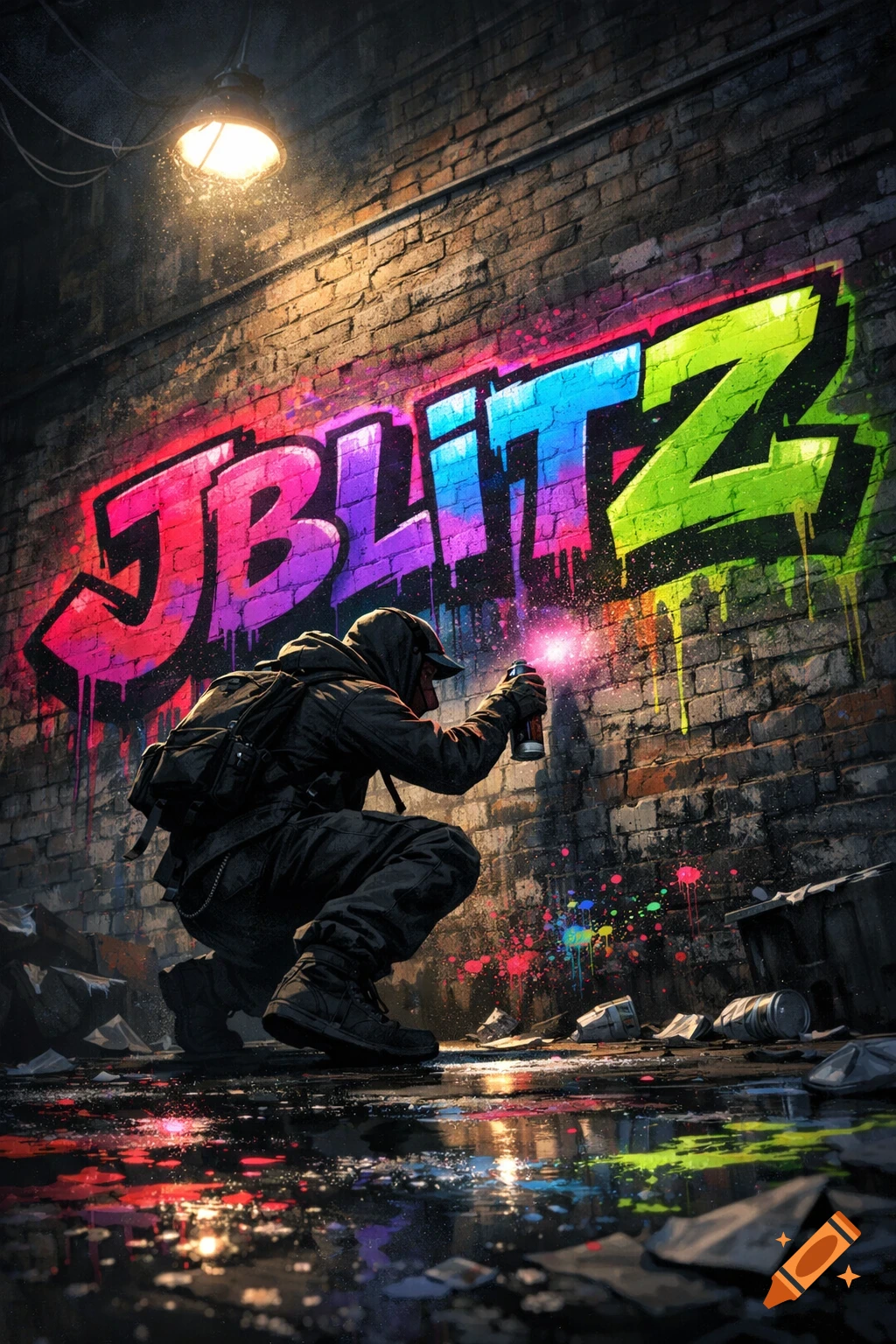 A person in a hooded jacket spray-painting colorful 'JBLITZ' graffiti on a brick wall under a dim street light, with reflections on wet ground.