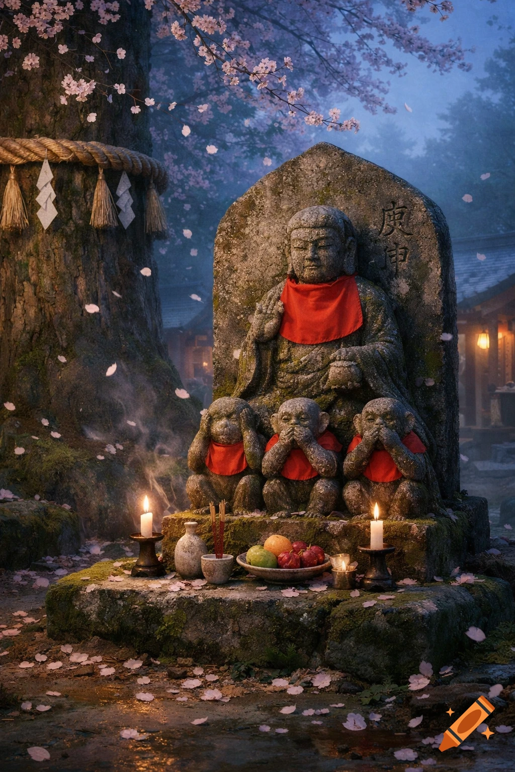 Stone Kōshin monument with Buddha and three wise monkey statues in red bibs, surrounded by offerings and falling cherry blossoms at a misty Japanese shrine.