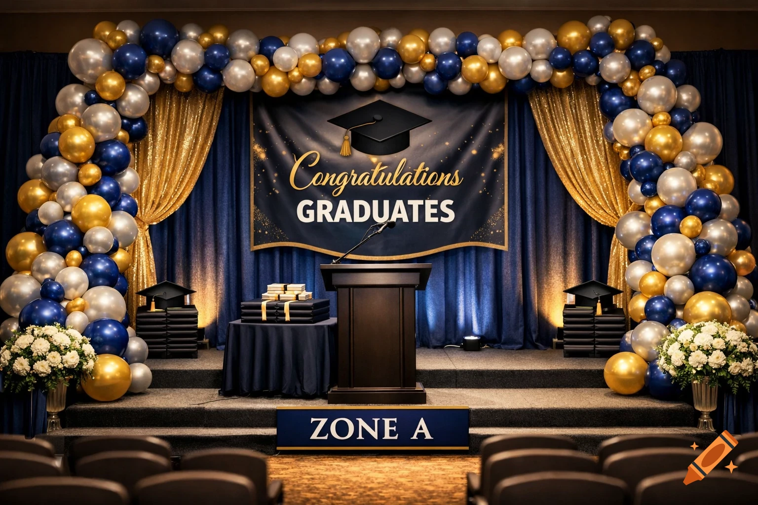 A stage decorated with blue, gold, and silver balloons for a graduation ceremony, featuring a banner that reads 'Congratulations GRADUATES', a podium, and a 'ZONE A' sign.