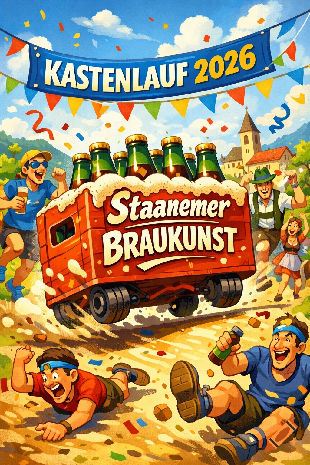 Cartoon illustration of a "Kastenlauf" event with people running and cheering alongside a moving beer crate, featuring text "Kastenlauf 2026" and "Staanemer Braukunst".
