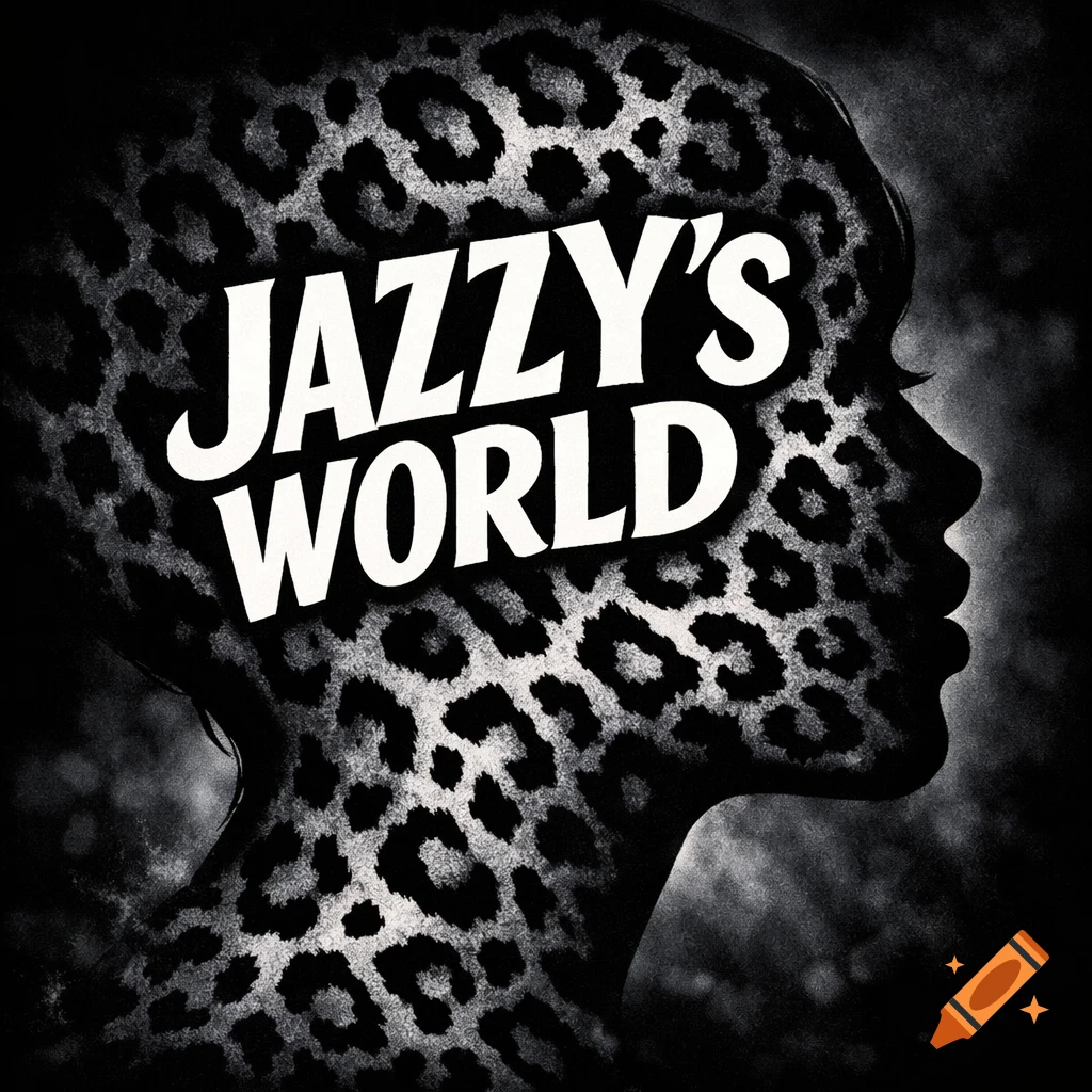 Black and white profile silhouette filled with leopard print, featuring white text that reads "JAZZY'S WORLD".