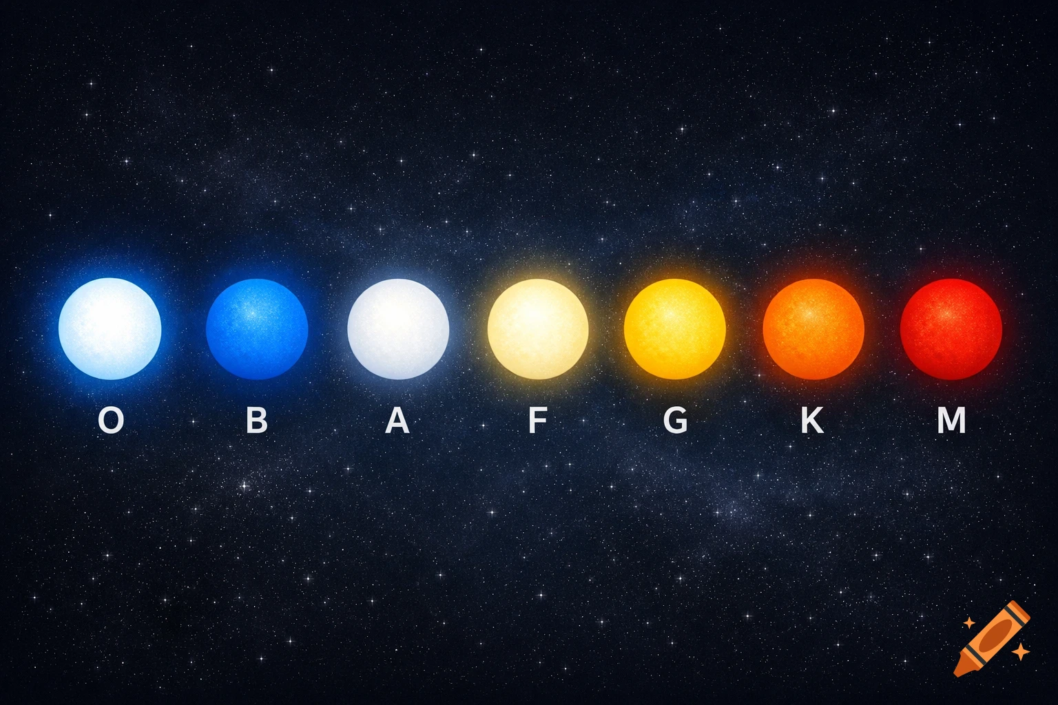 Diagram of seven stars, labeled O B A F G K M, showing different spectral types from blue-white to red against a starry background.
