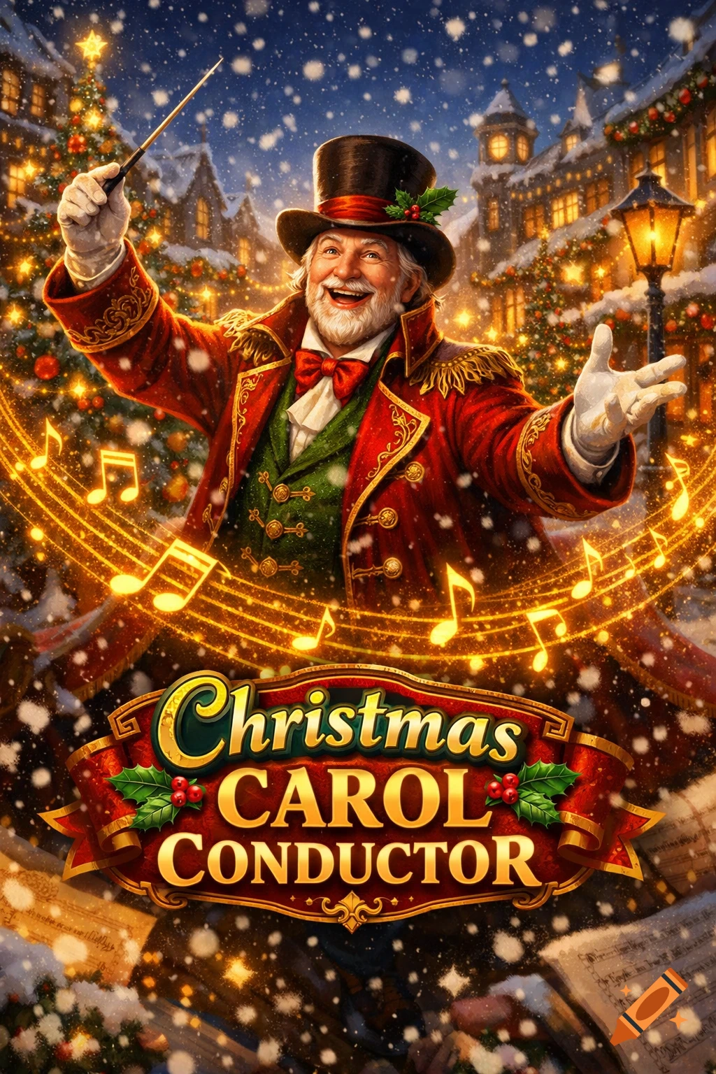 A joyful man in a red ringmaster coat conducts glowing musical notes in a snowy Christmas town, with text 'Christmas CAROL CONDUCTOR'.