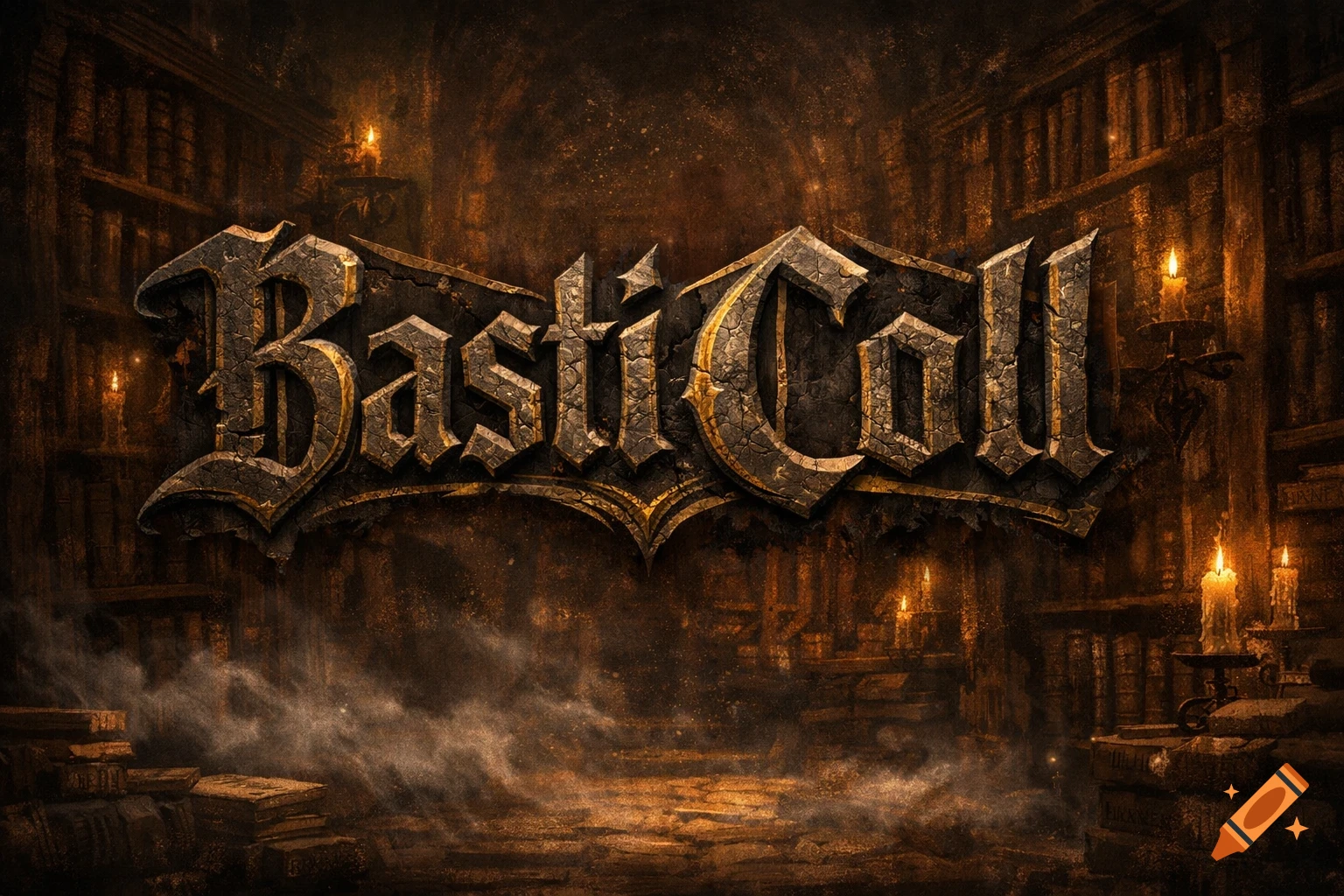 Stylized, cracked metallic "Basti Coll" text against a dark, candlelit gothic library background with smoke.