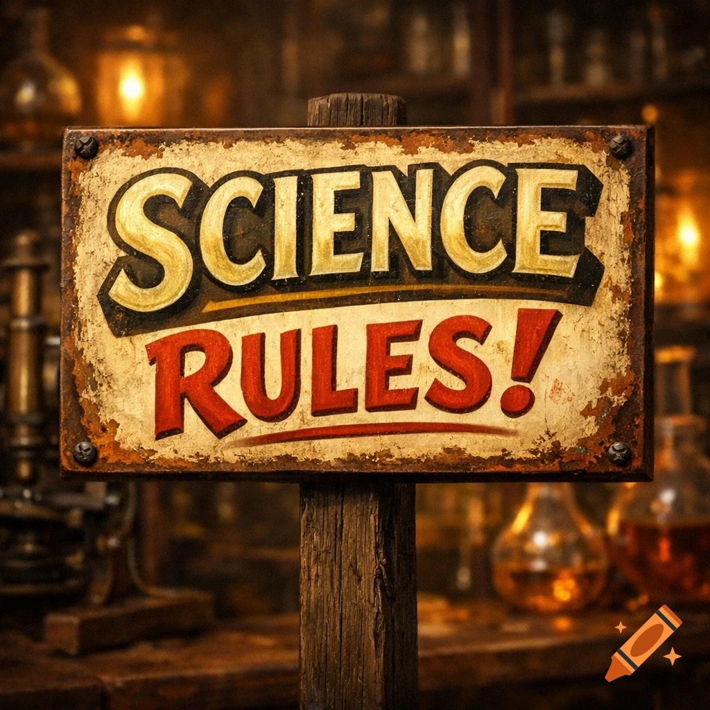 A rustic, weathered wooden sign in a dimly lit laboratory-like setting reads "SCIENCE RULES!" in stylized text.