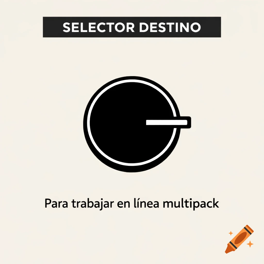 Minimalist black selector knob icon with white outline, indicator pointing right. Text above: "SELECTOR DESTINO", below: "Para trabajar en l inea multipack".