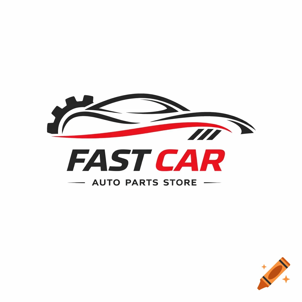 A minimalist logo for Fast Car Auto Parts Store featuring a stylized black and red car silhouette with a gear symbol.