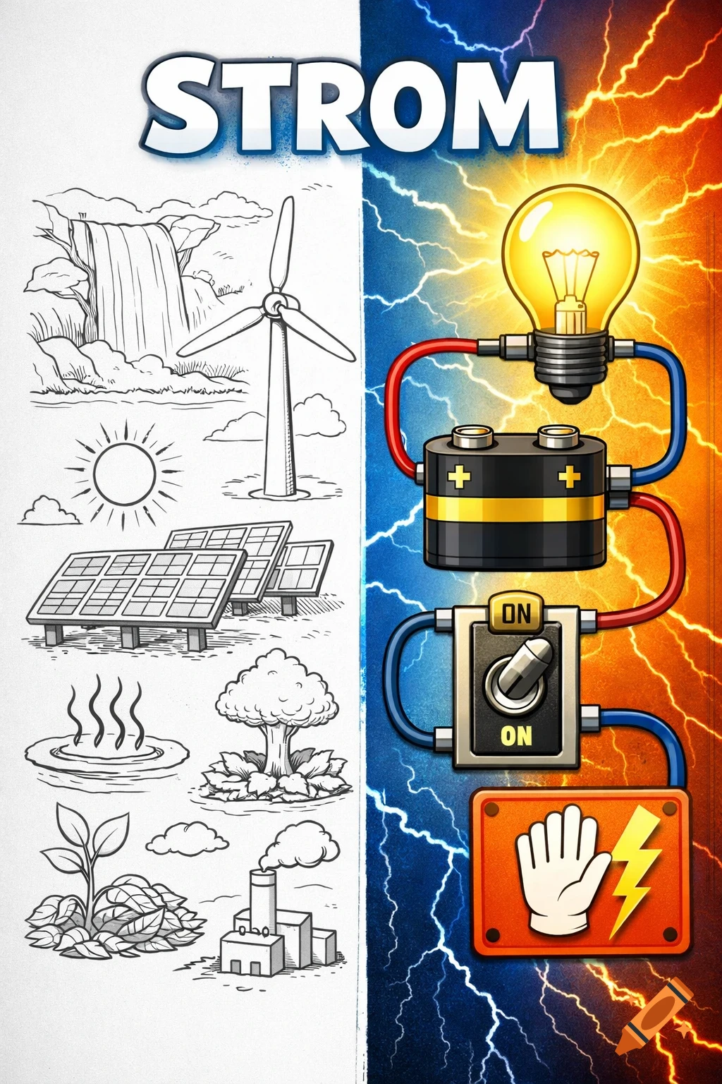 An educational image split vertically; the left shows sketches of renewable energy sources, the right shows a colorful electrical circuit diagram and an electricity safety icon. The title is 'STROM'.