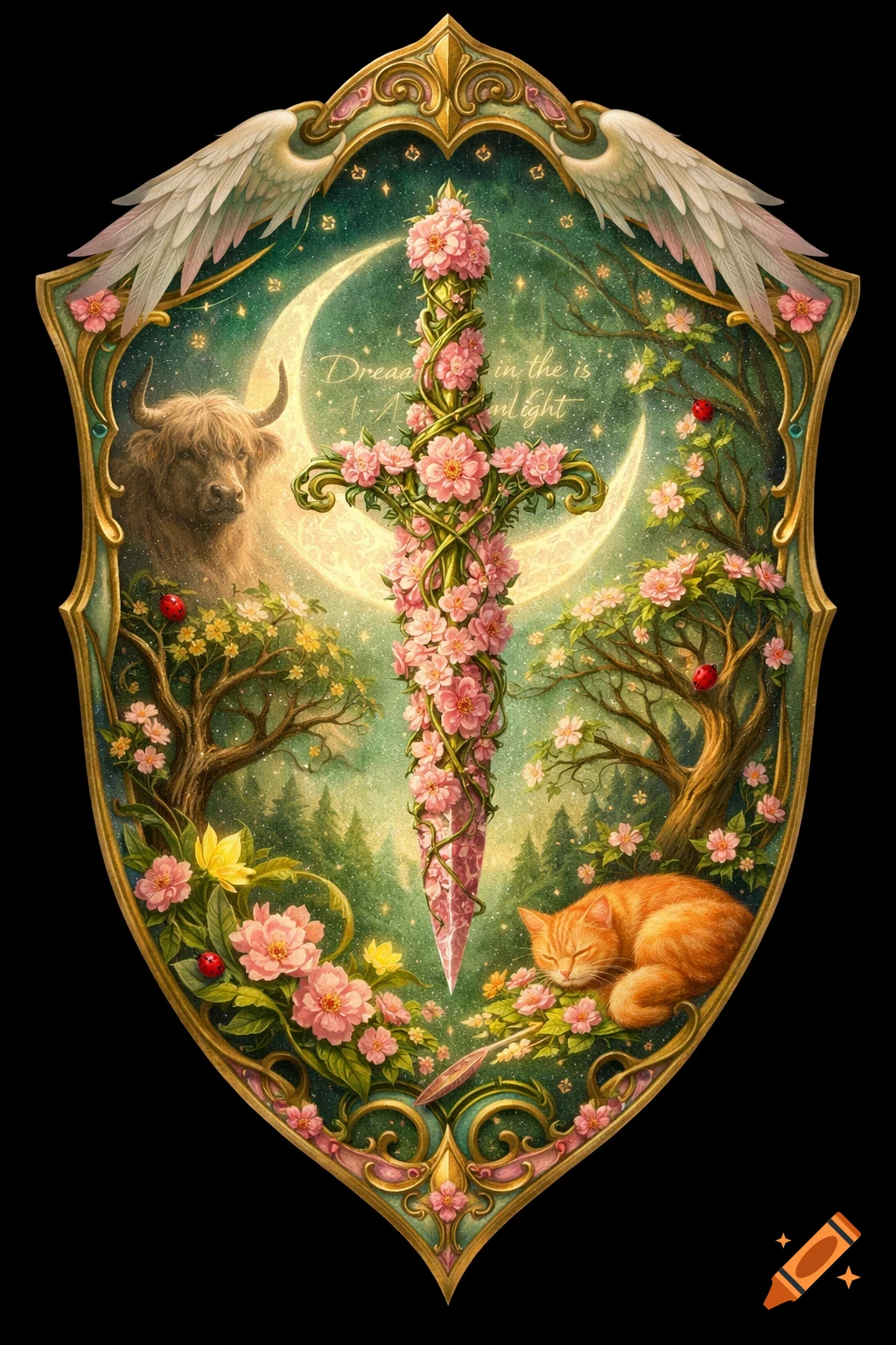 A romantic fantasy crest with a floral dagger, crescent moon, highland cow, sleeping orange cat, and ethereal wings.