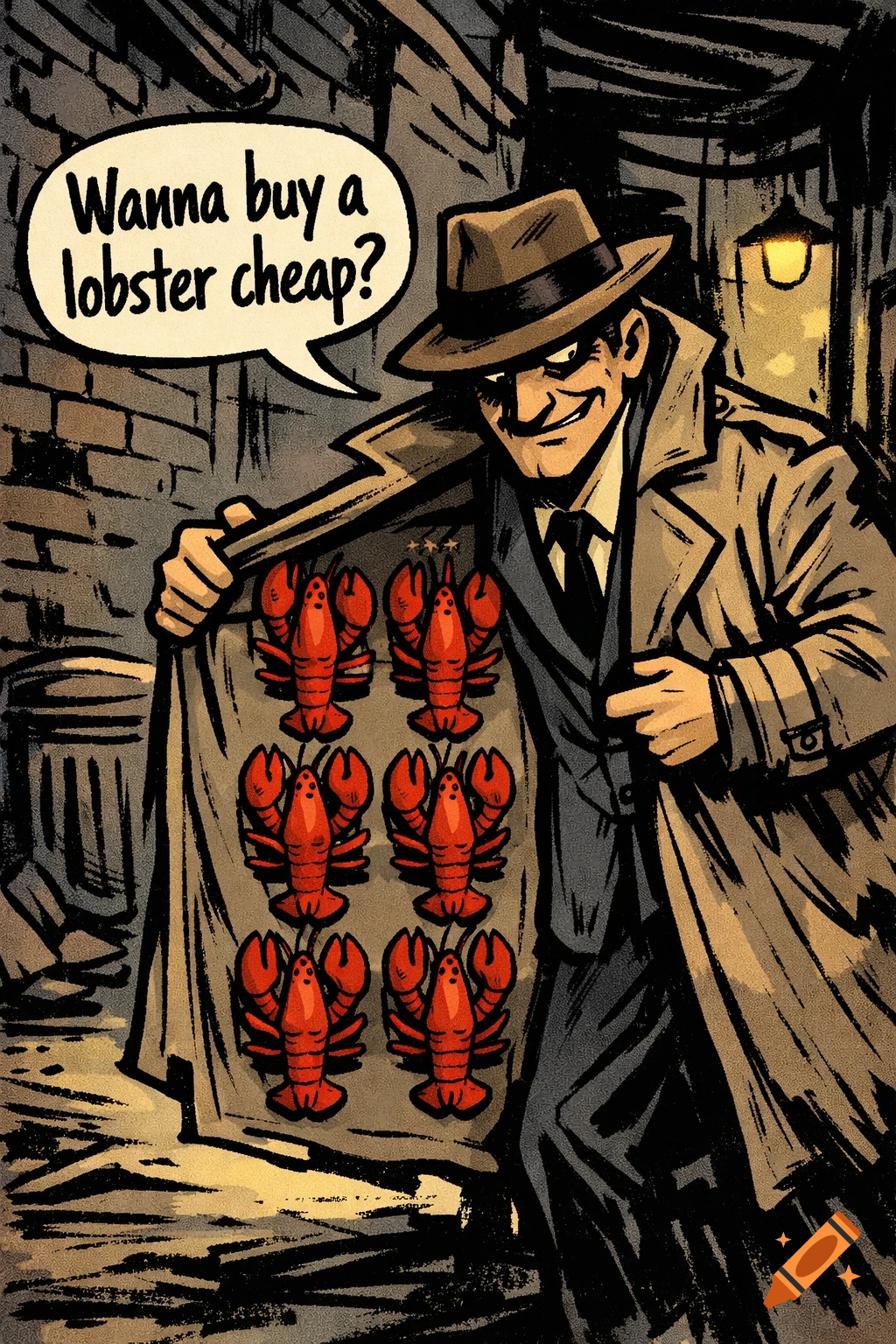 A cartoon image of a shady man in a trench coat and fedora in an alley, opening his coat to reveal six lobsters. A speech bubble says, "Wanna buy a lobster cheap?"