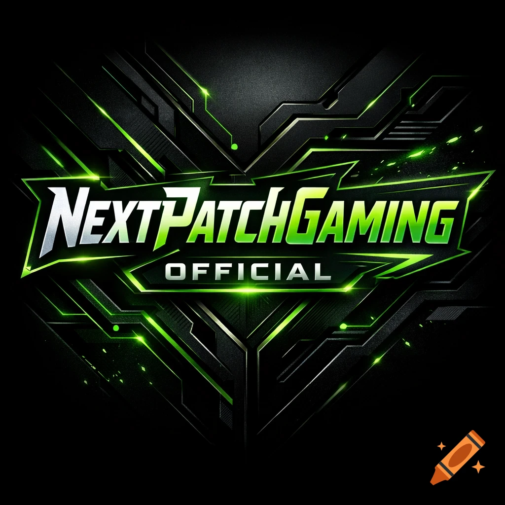 Black and green gaming logo for 'NextPatchGaming OFFICIAL' with futuristic design elements.
