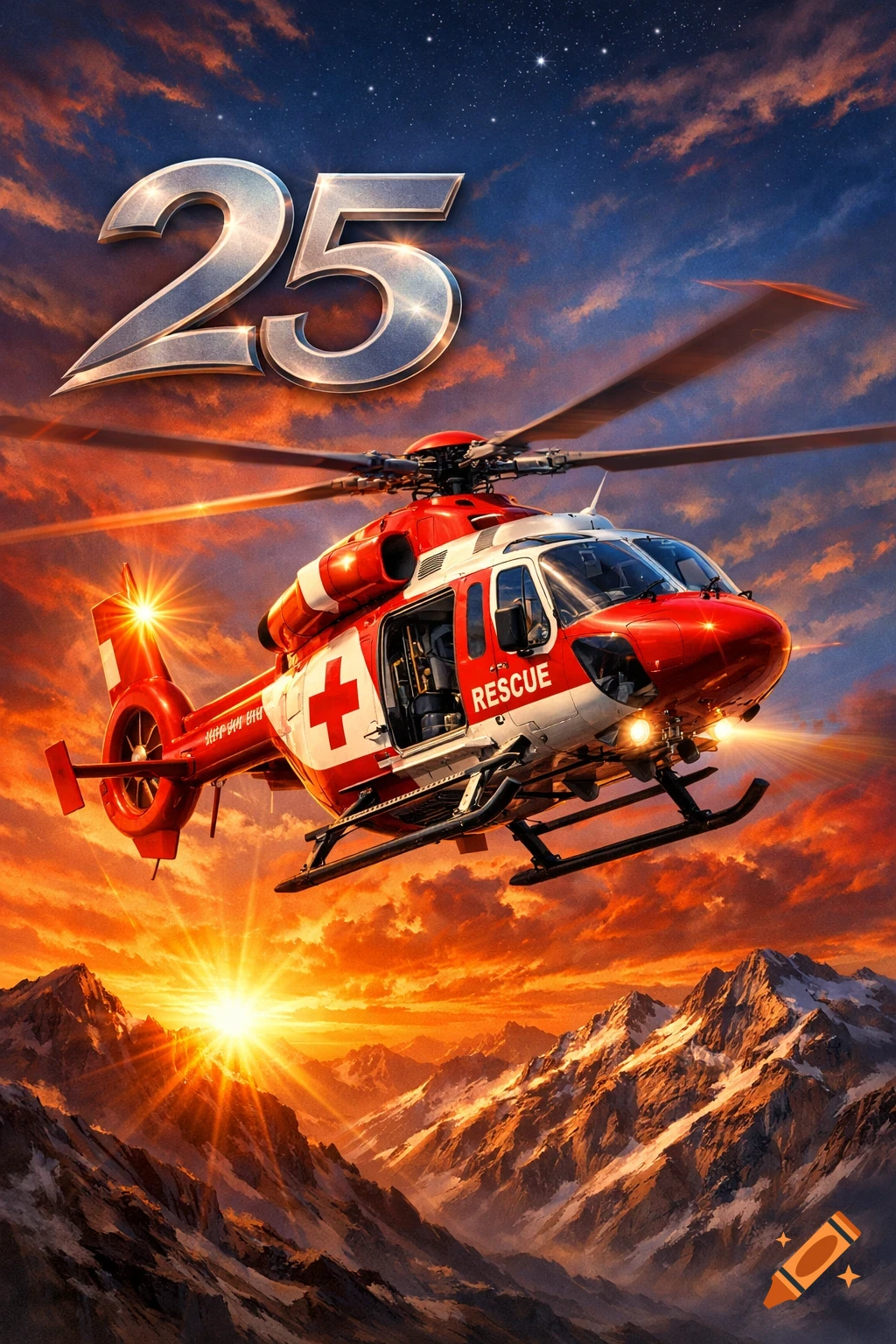 A red and white rescue helicopter with 'RESCUE' on its side flies over snowy mountains at sunset, with a large '25' above it.