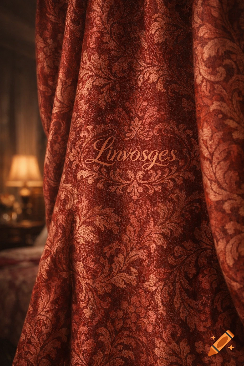 Close-up of a luxurious red damask curtain with a 'Linvosges' logo, a blurred lamp in the background.