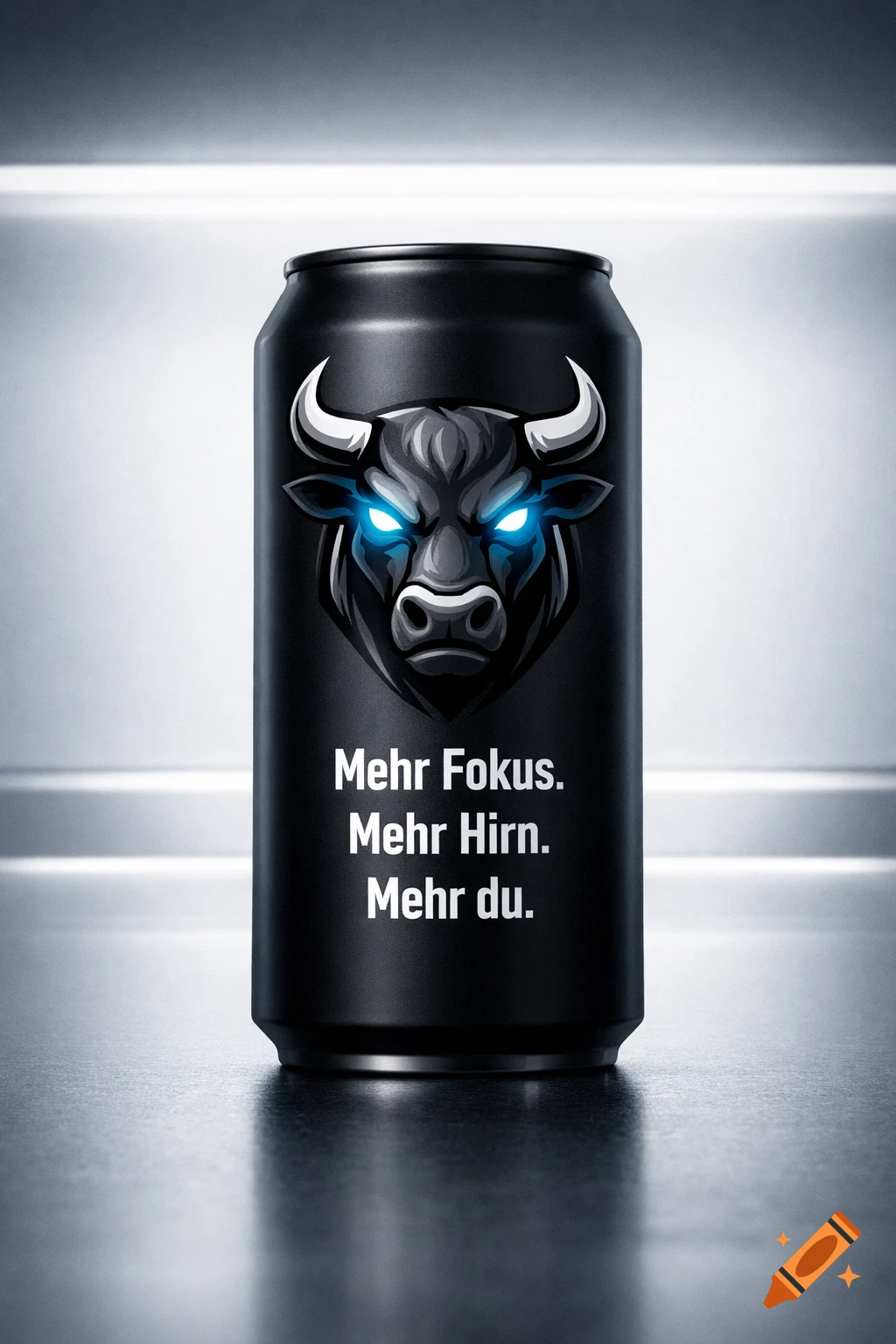 Matte black energy drink can with a stylized bull head with glowing blue eyes and German text on a metallic surface.