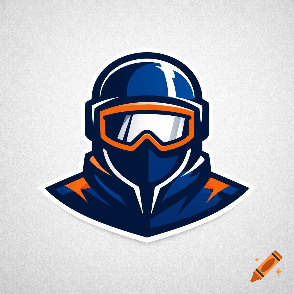 Stylized blue and orange logo of a person in a helmet, goggles, and face mask, like a racer or gamer.