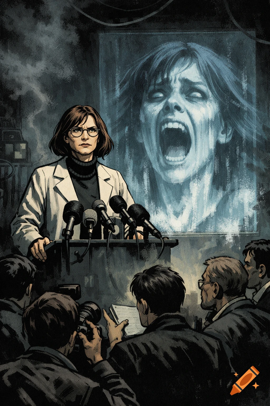 A woman in a lab coat speaks at a press conference with microphones, while a ghostly, screaming female face is projected behind her in a comic book style.