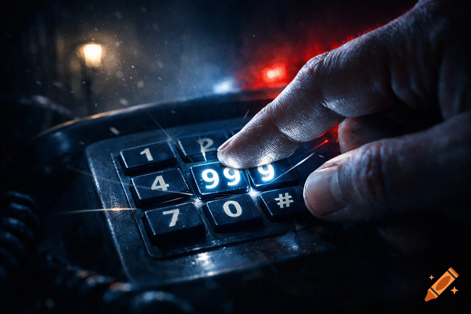 Close-up of a hand pressing '999' on a glowing retro phone keypad with police lights in a dark, dramatic setting.
