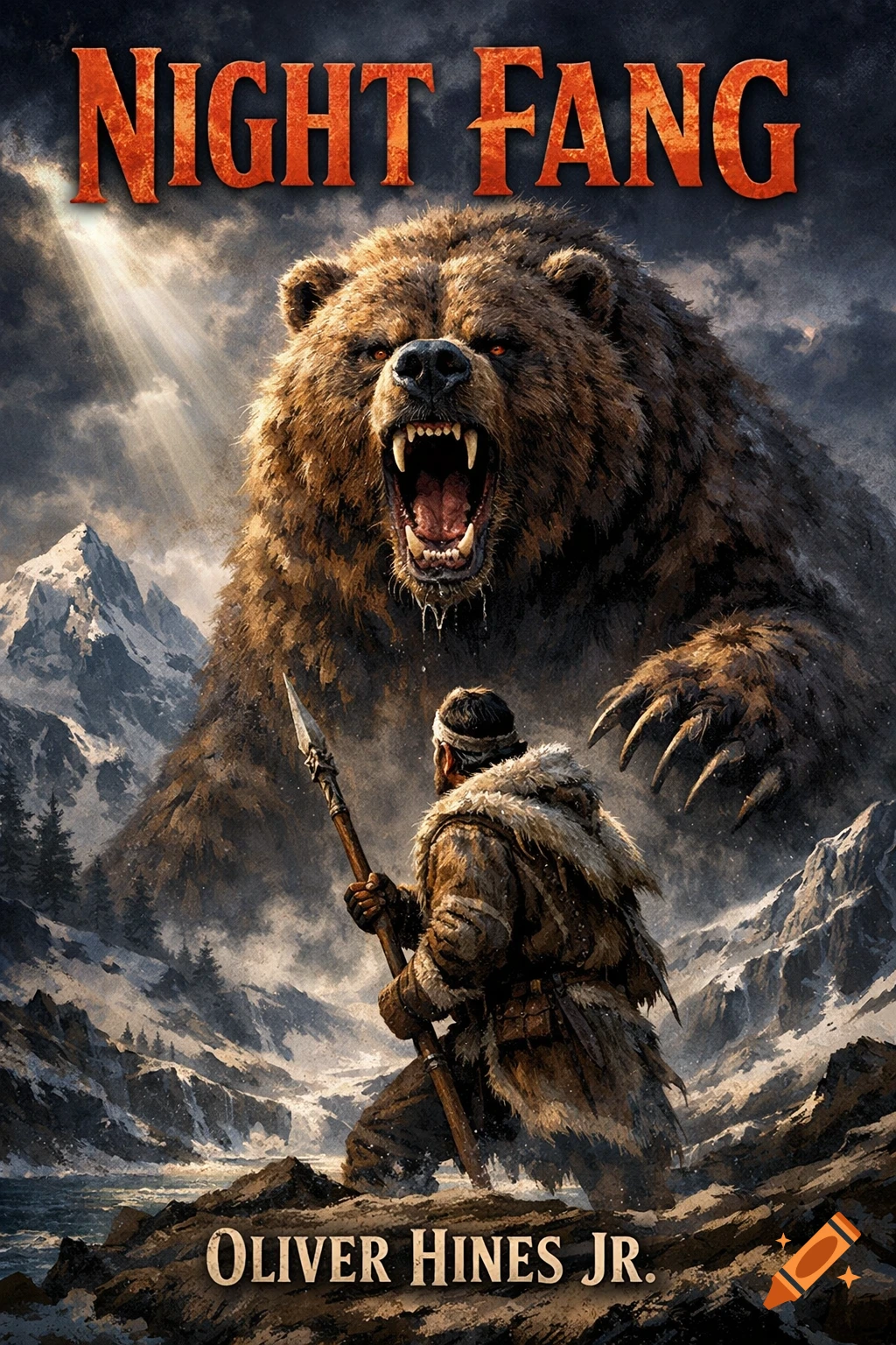 A man with a spear faces a giant roaring Kodiak bear in a snowy mountain landscape, styled as a book cover for "Night Fang" by Oliver Hines Jr.