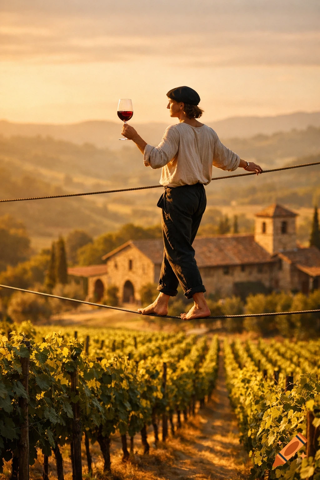 A person on a tightrope above a vineyard holds a glass of red wine at sunset, with rolling hills and buildings in the background. Photorealistic.
