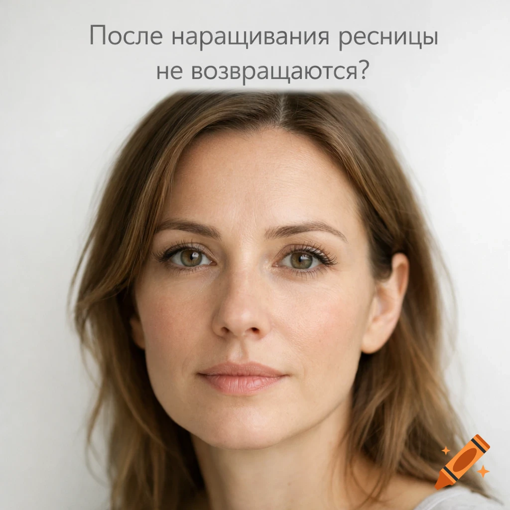 Close-up photorealistic portrait of a thoughtful woman with natural makeup, looking at the camera. Overlayed text asks, 'Do eyelashes not return after extensions?'