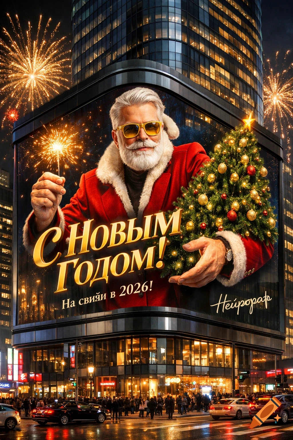 A modern Santa Claus in yellow sunglasses holding a sparkler and a Christmas tree on a large, curved anamorphic billboard in a busy city at night, with fireworks in the sky.