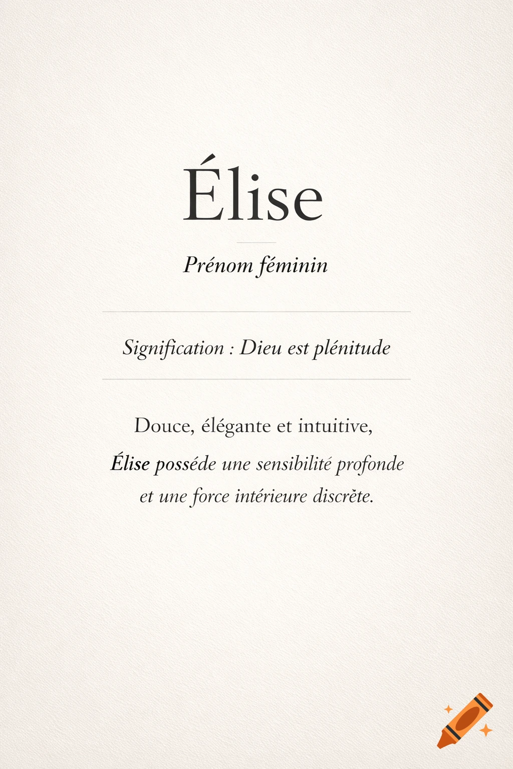A minimalist dictionary-style poster defining the French name 'Élise' and its characteristics on a neutral background.
